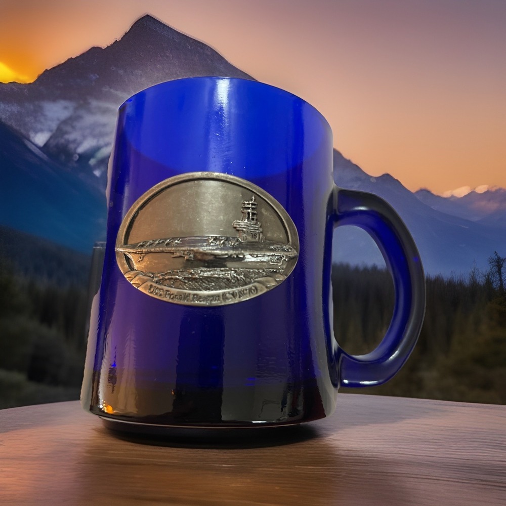 USS Ronald Reagan Cobalt Blue Glass Coffee Mug Pewter Aircraft Carrier Plaque